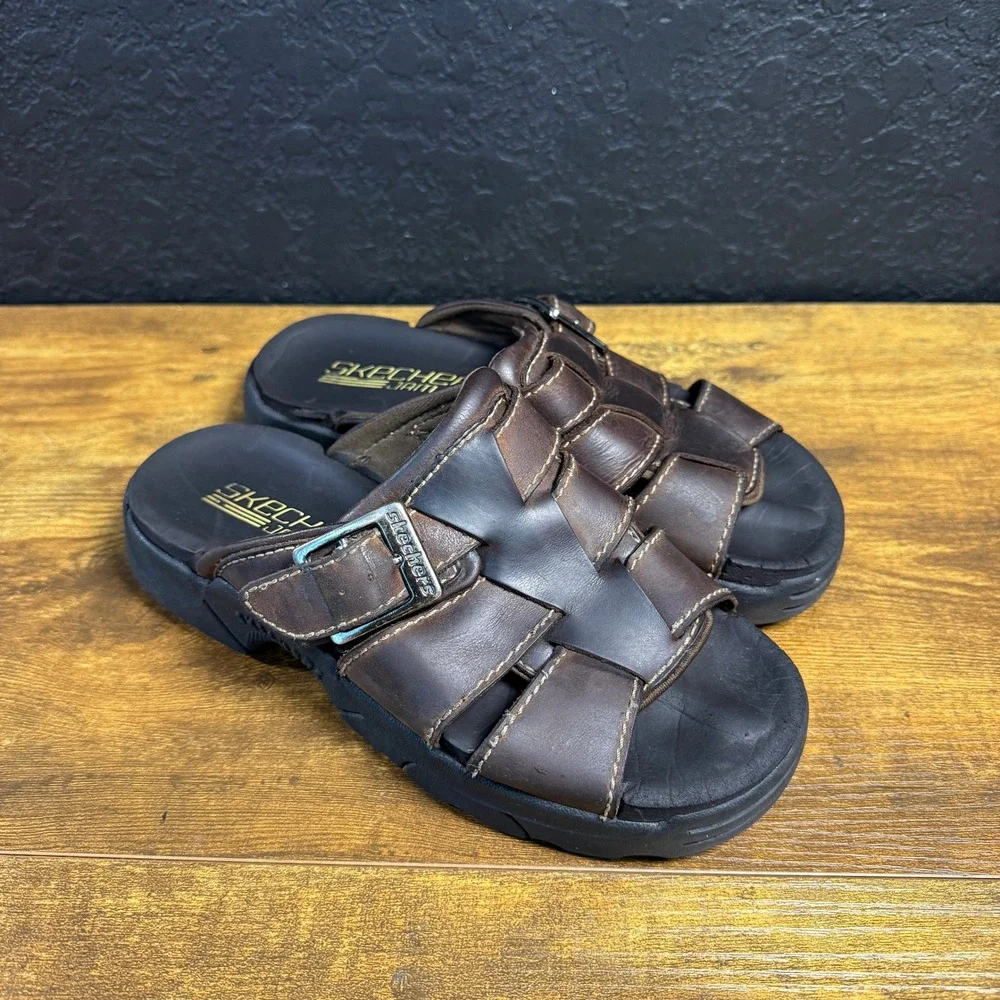 Skechers Jam Ups Brown Leather Fisherman Slide Sandals Womens 5 - Picture 1 of 6